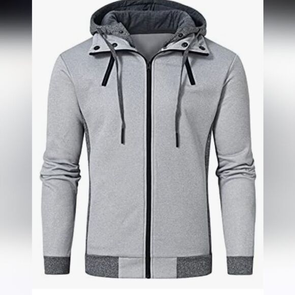 Mens Gray Hooded Jacket Large Zip Up Top Comfort Style Gym Daily Pockets Lounge - Picture 6 of 15